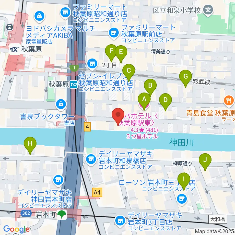 イケベ楽器店リボレ秋葉原周辺のホテル一覧地図
