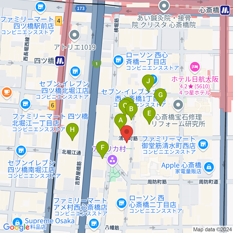 三木楽器アメリカ村店周辺のホテル一覧地図