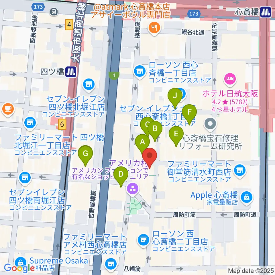 三木楽器アメリカ村店周辺のホテル一覧地図