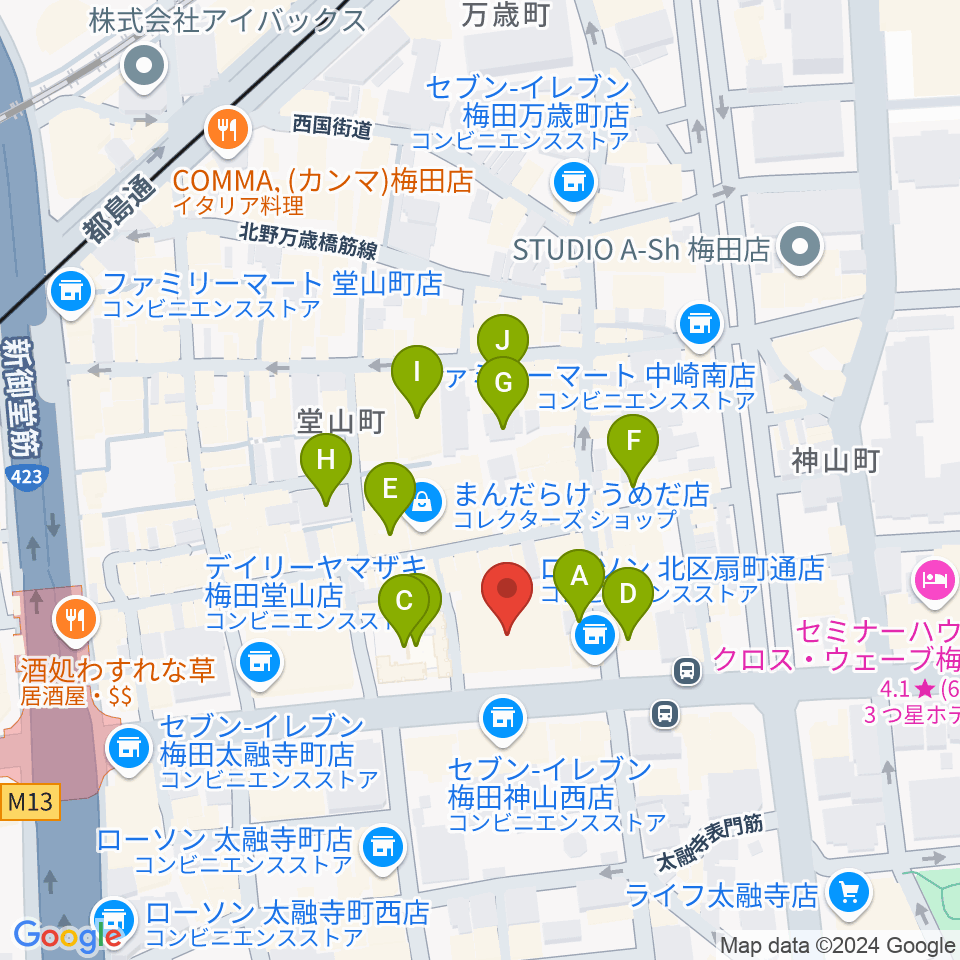 ベースオントップ大阪梅田店周辺のホテル一覧地図