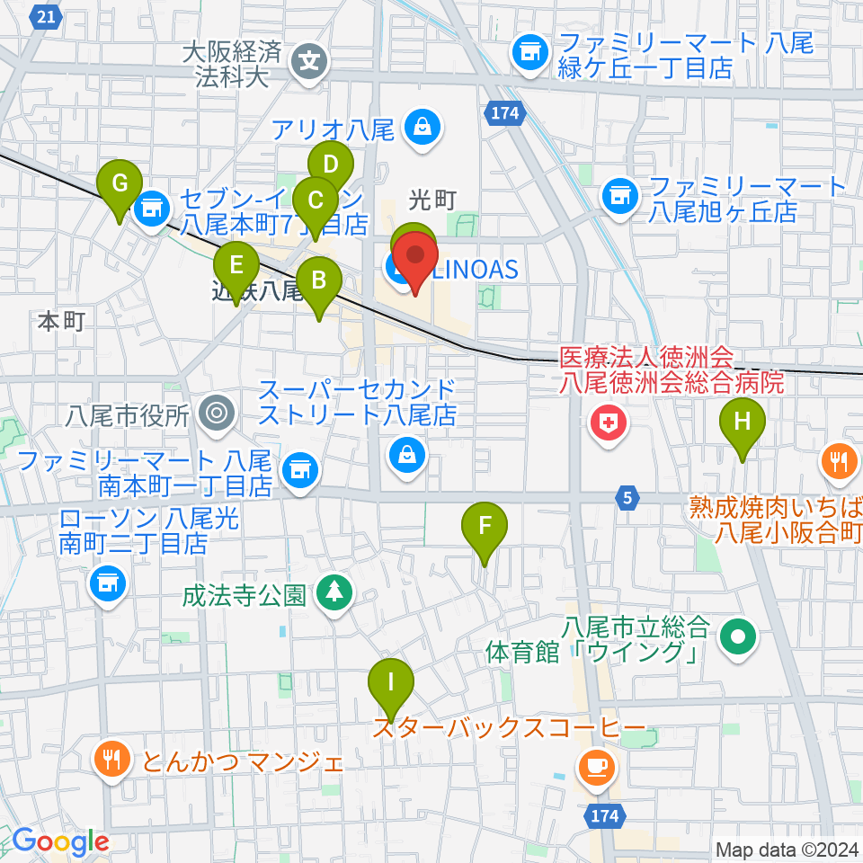 山野楽器 リノアス八尾店周辺のホテル一覧地図