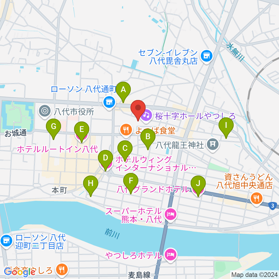 桜十字ホールやつしろ周辺のホテル一覧地図