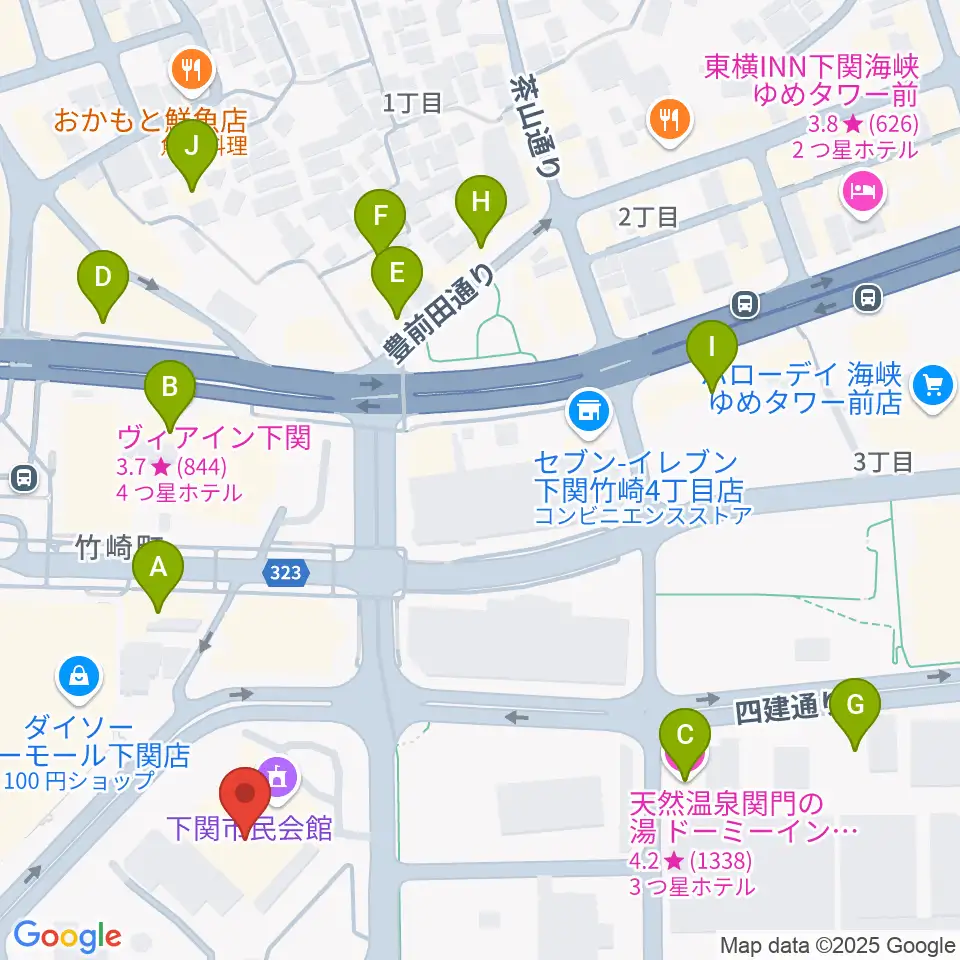下関市民会館周辺のホテル一覧地図