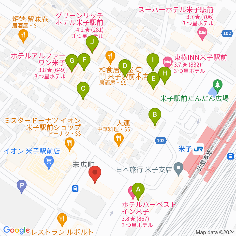 米子市文化ホール周辺のホテル一覧地図