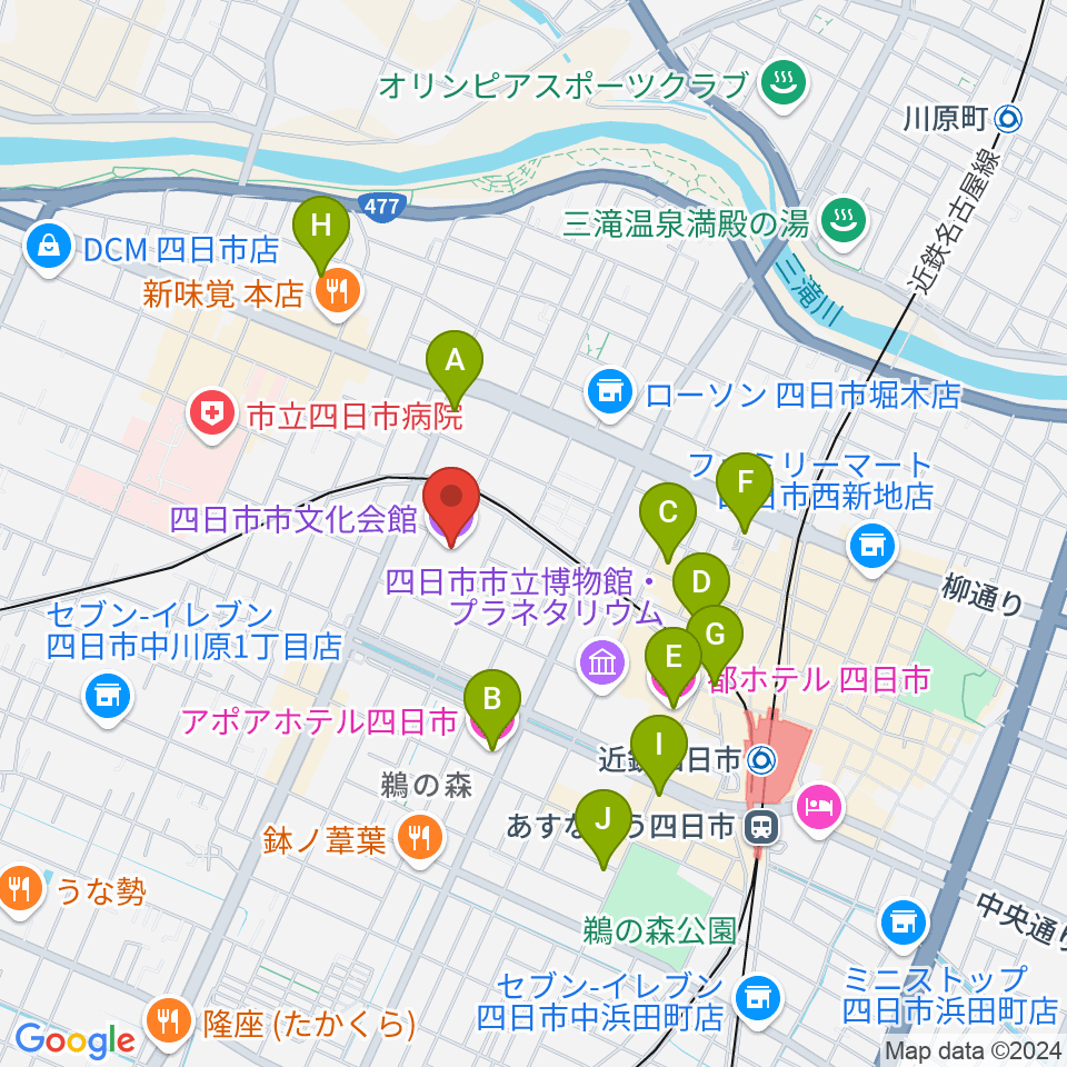 四日市市文化会館周辺のホテル一覧地図