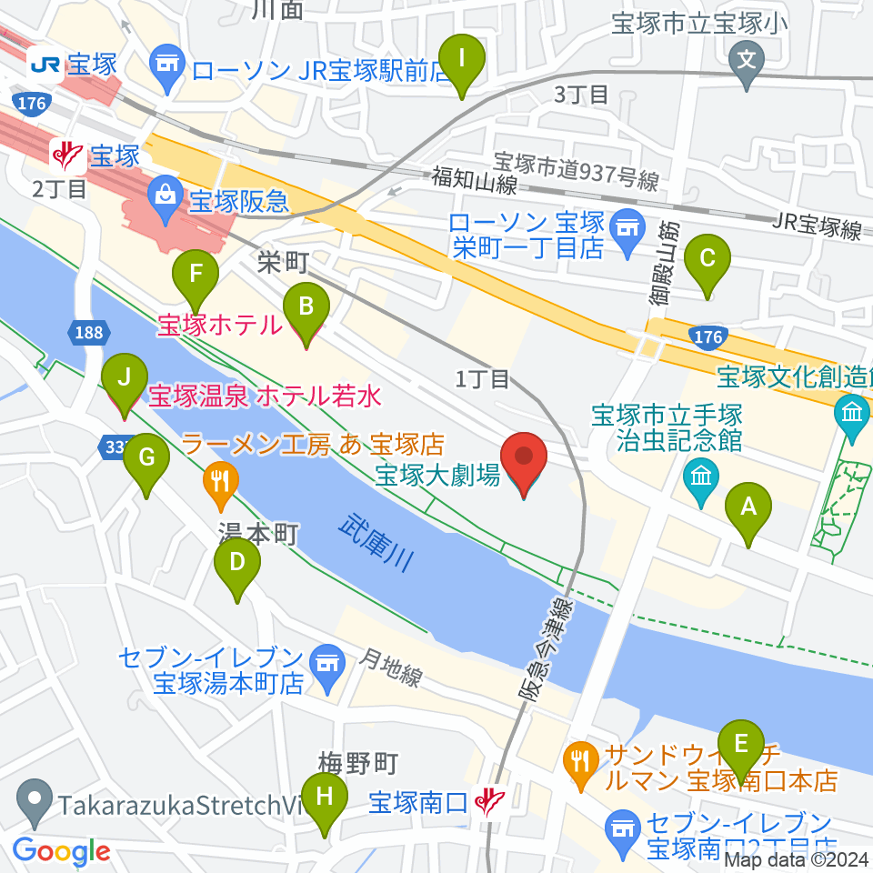 宝塚大劇場・宝塚バウホール周辺のホテル一覧地図