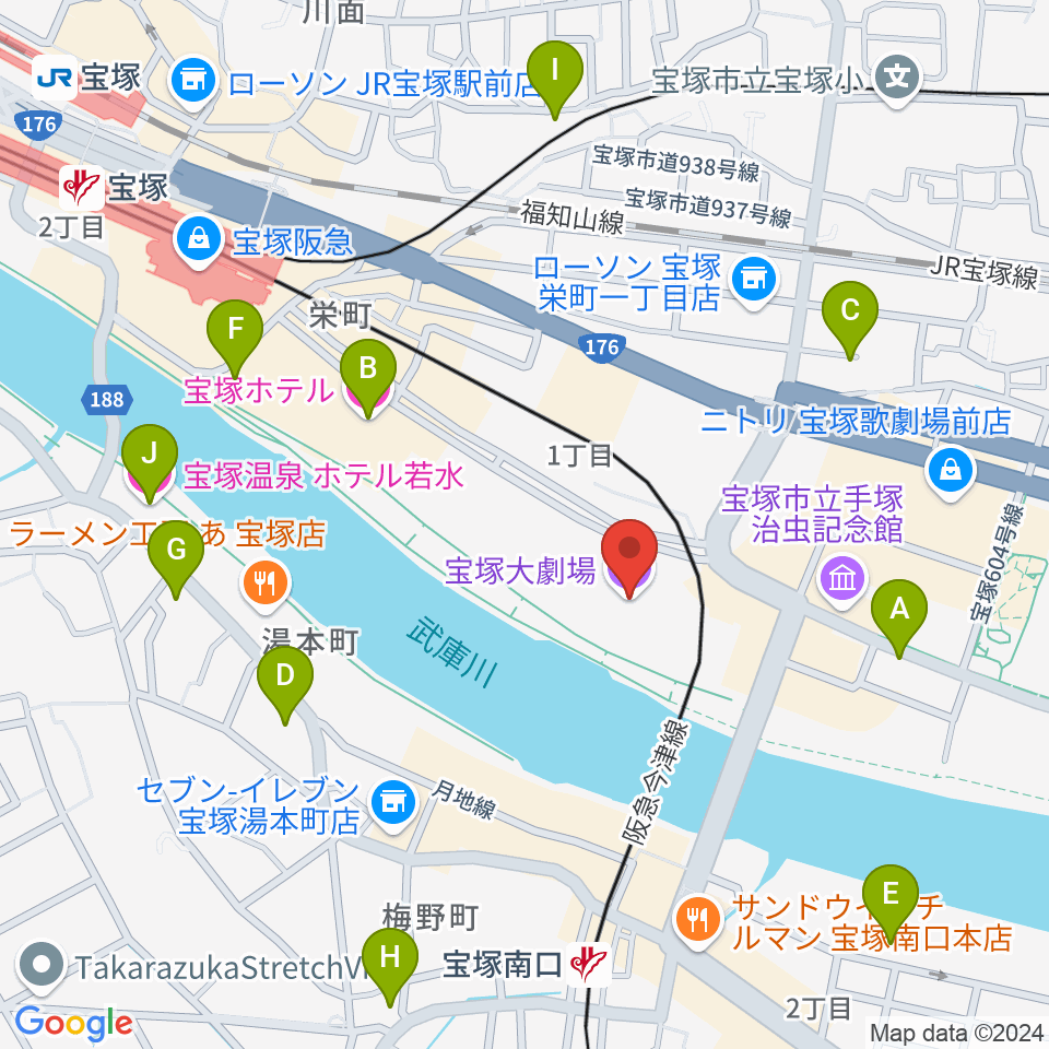 宝塚大劇場・宝塚バウホール周辺のホテル一覧地図