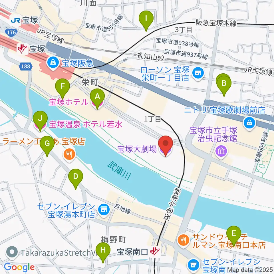 宝塚大劇場・宝塚バウホール周辺のホテル一覧地図