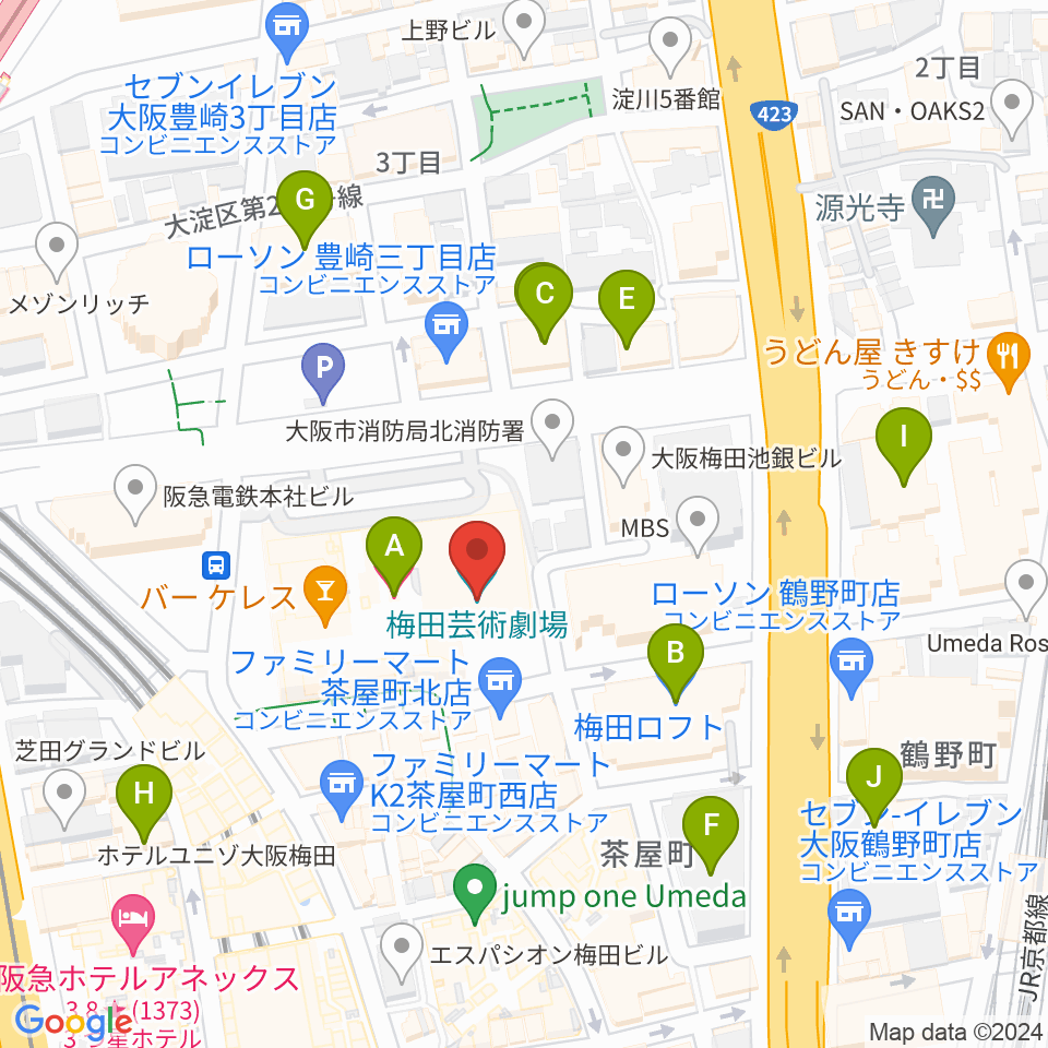 梅田芸術劇場周辺のホテル一覧地図