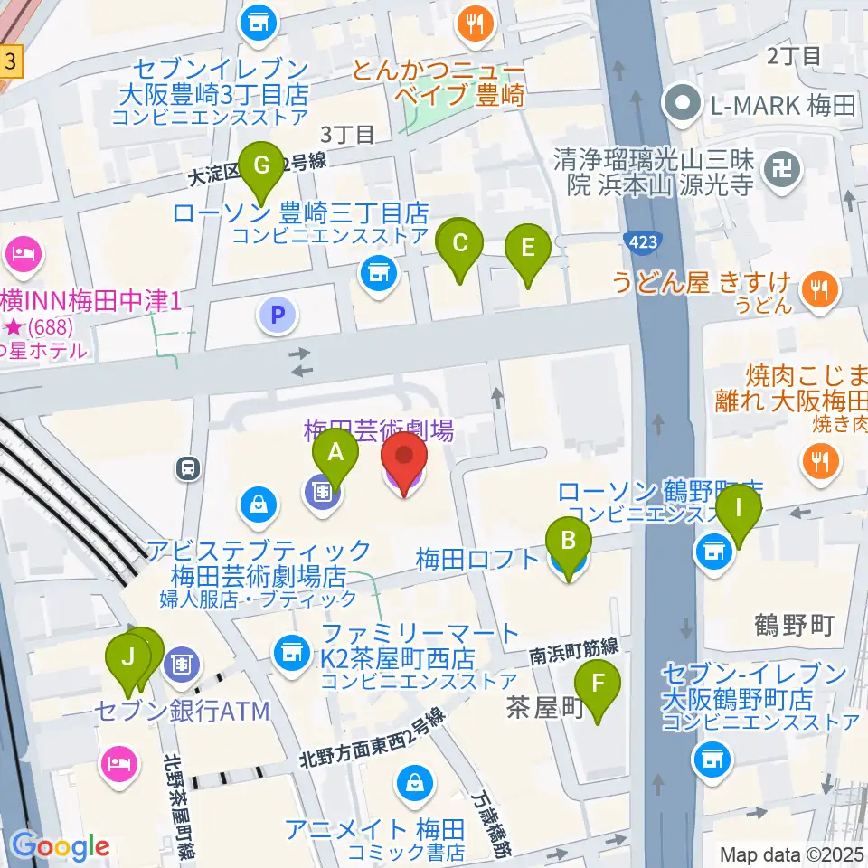 梅田芸術劇場周辺のホテル一覧地図