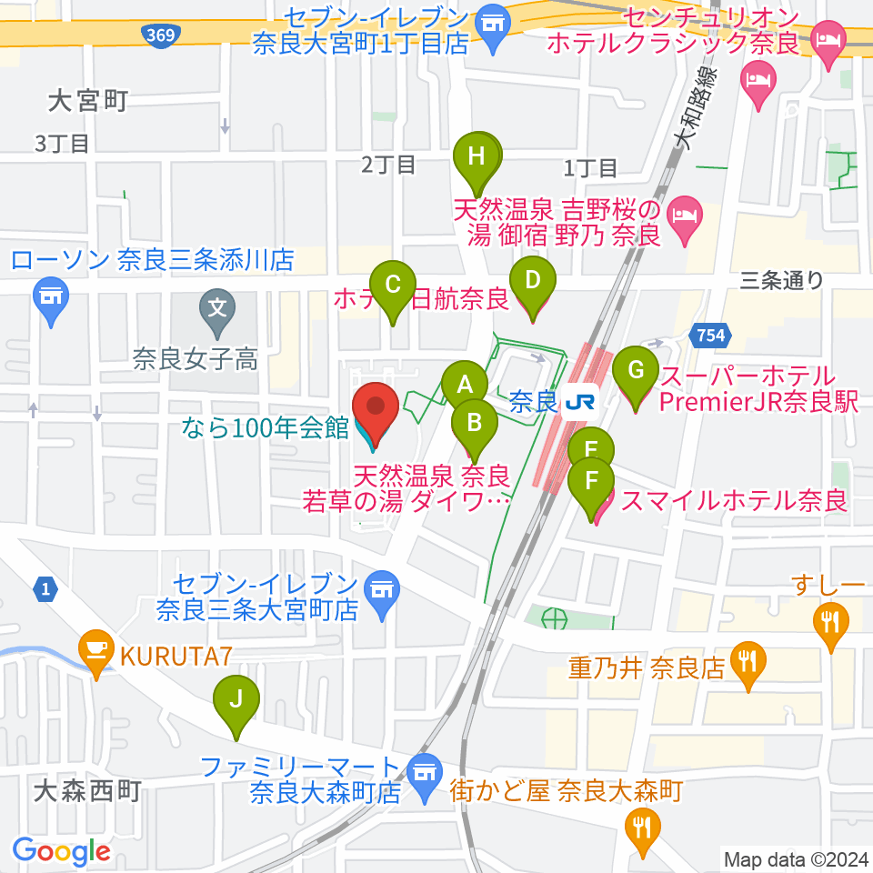 なら100年会館周辺のホテル一覧地図