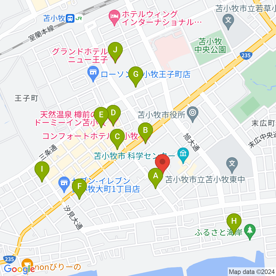 苫小牧市民会館周辺のホテル一覧地図