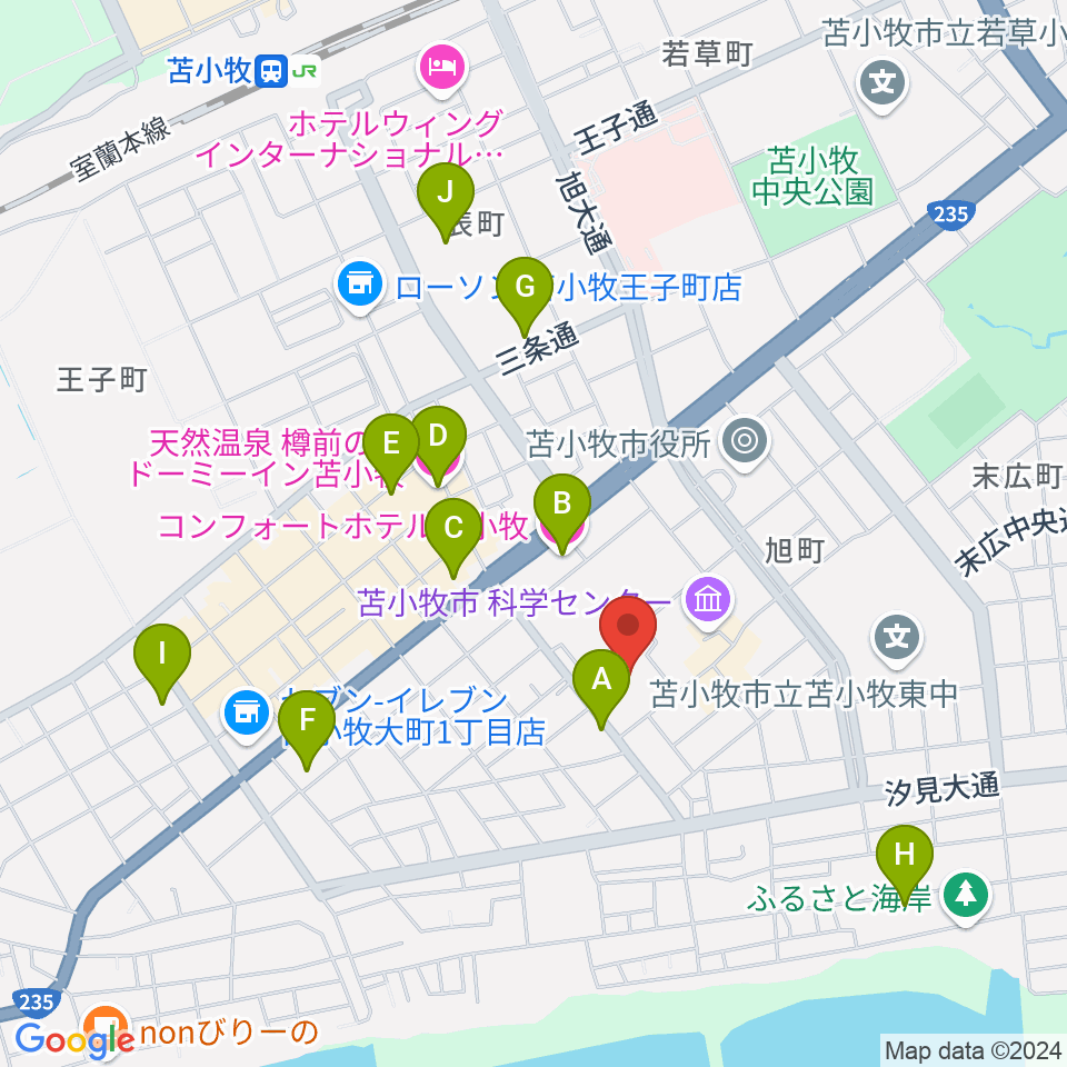 苫小牧市民会館周辺のホテル一覧地図