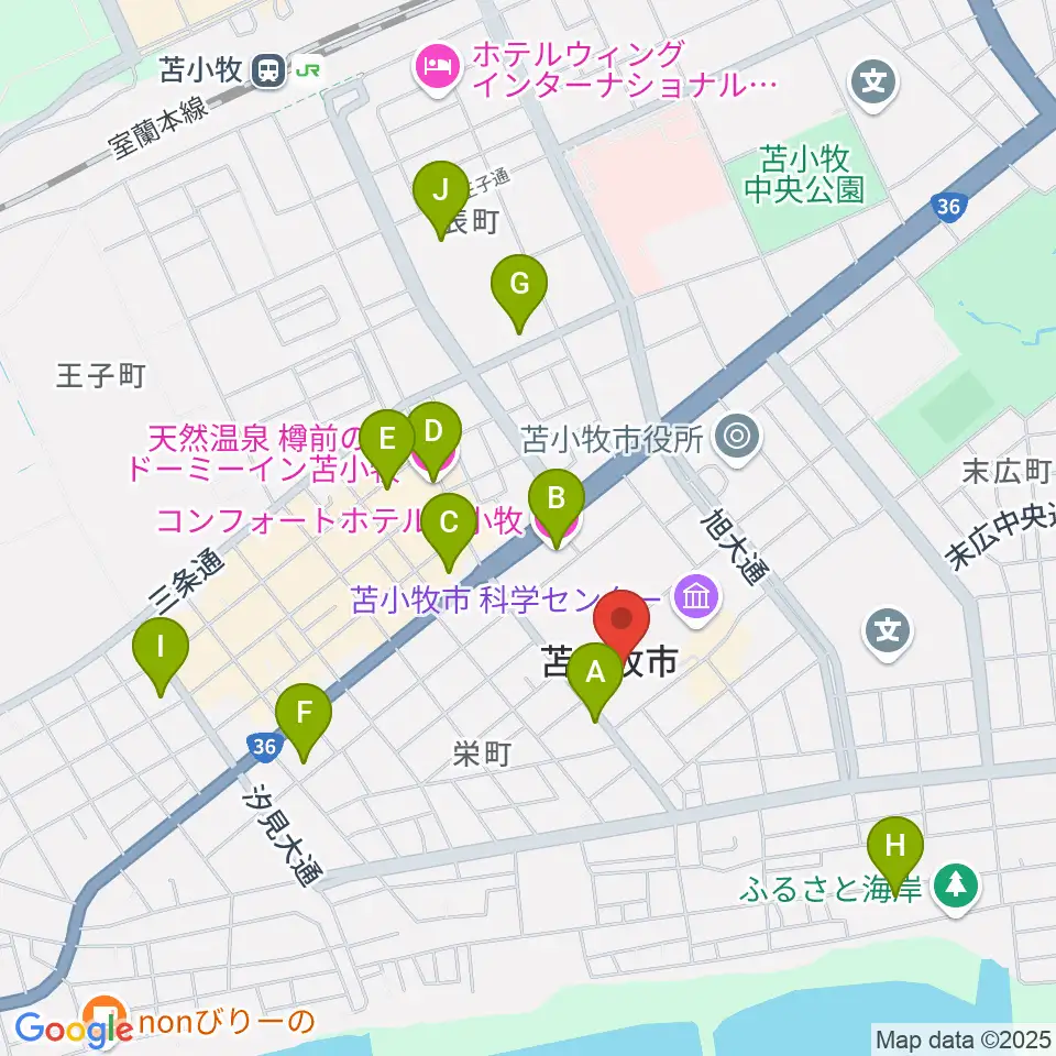 苫小牧市民会館周辺のホテル一覧地図