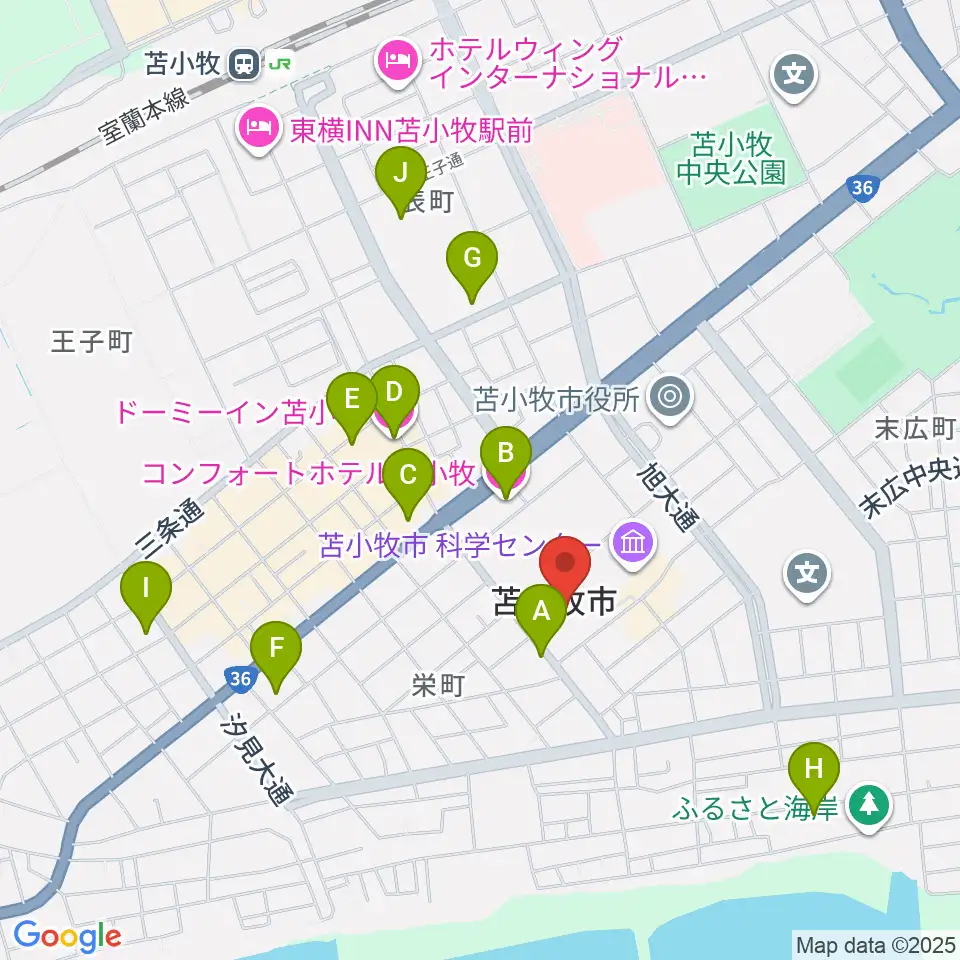 苫小牧市民会館周辺のホテル一覧地図