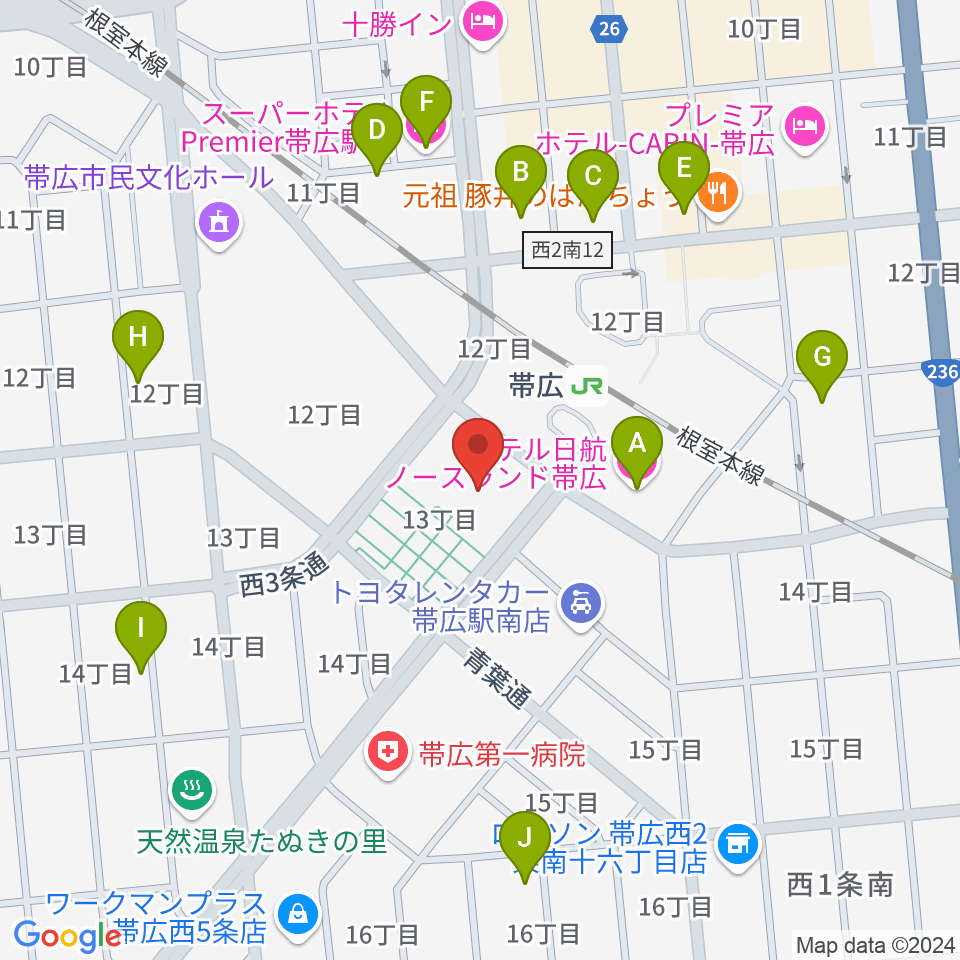 とかちプラザ レインボーホール周辺のホテル一覧地図