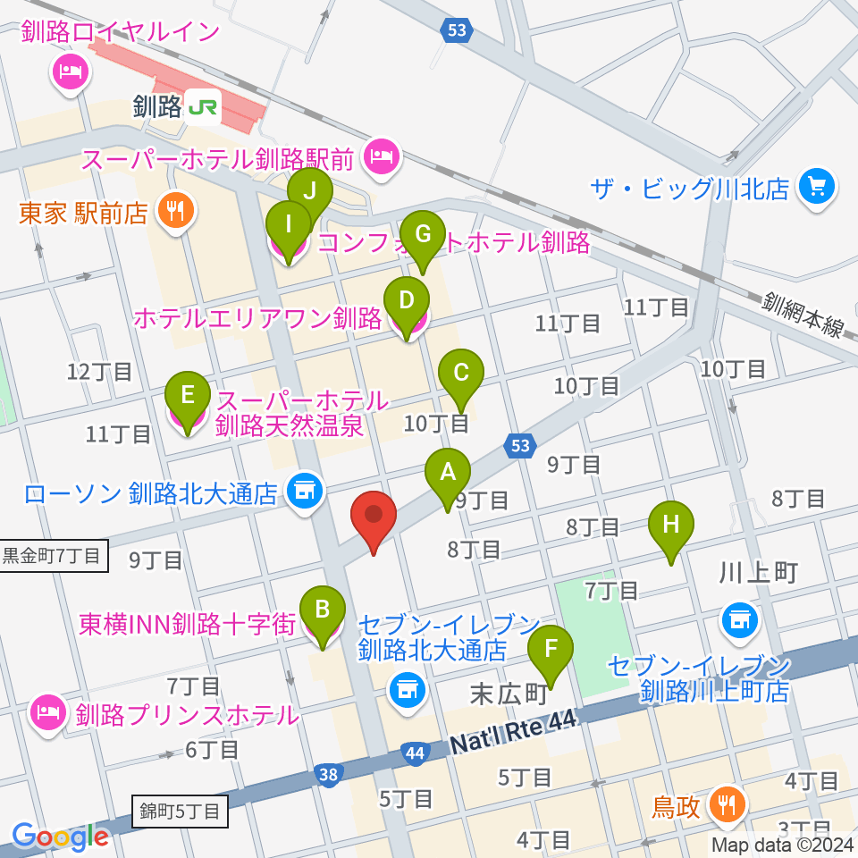 カワイ釧路店周辺のホテル一覧地図