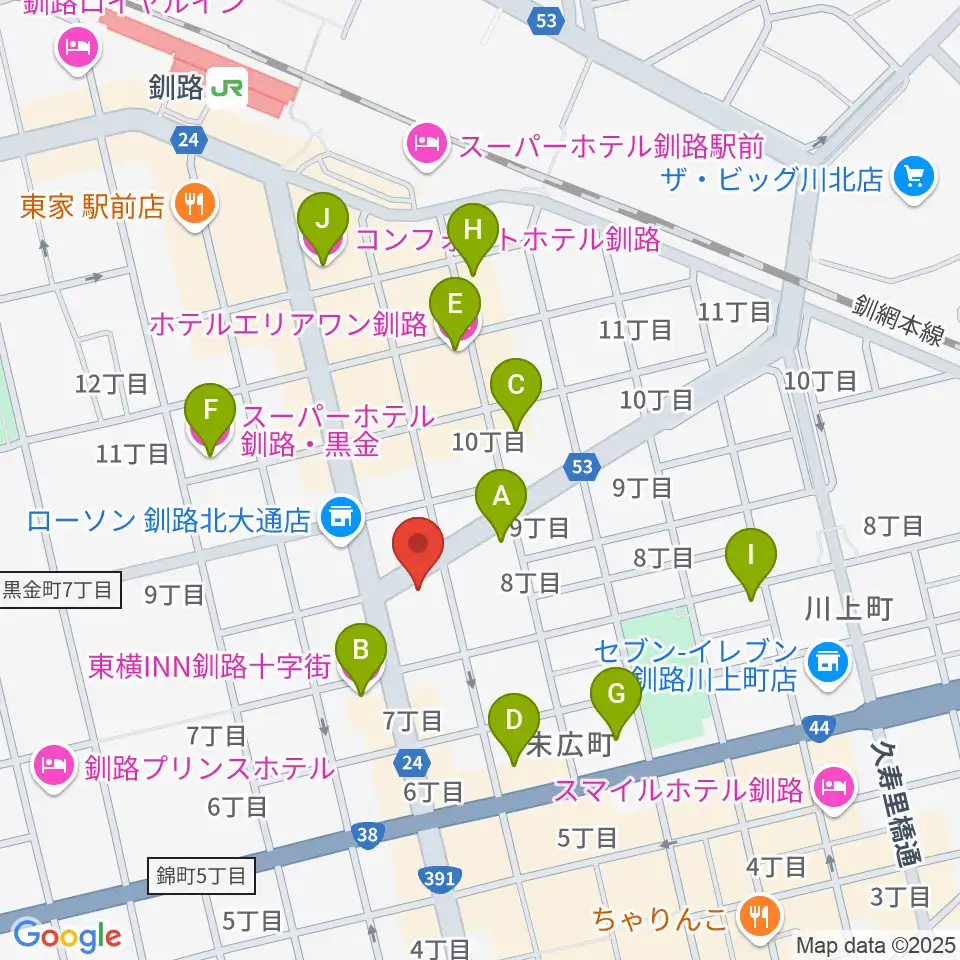 カワイ釧路店周辺のホテル一覧地図