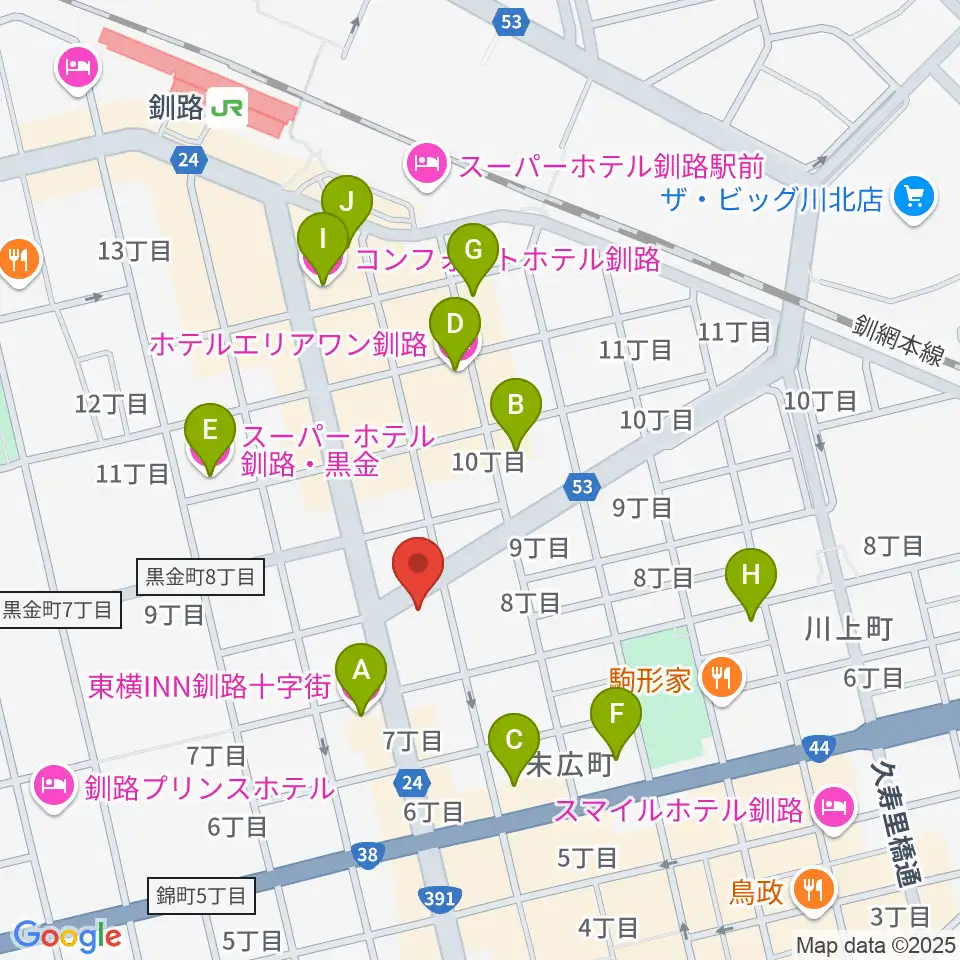 カワイ釧路店周辺のホテル一覧地図
