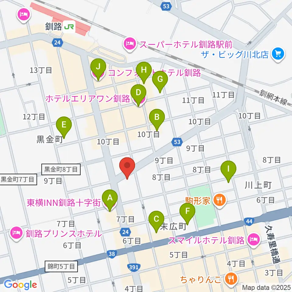 カワイ釧路店周辺のホテル一覧地図