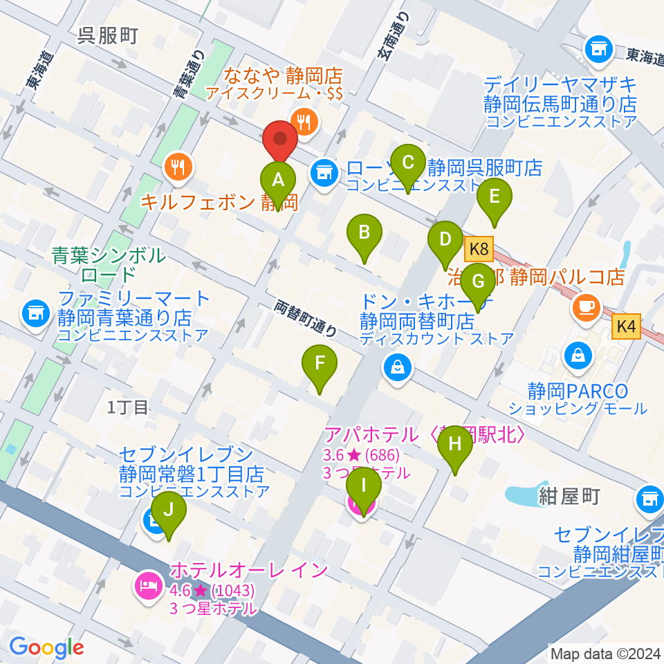 カワイ静岡ショップ周辺のホテル一覧地図