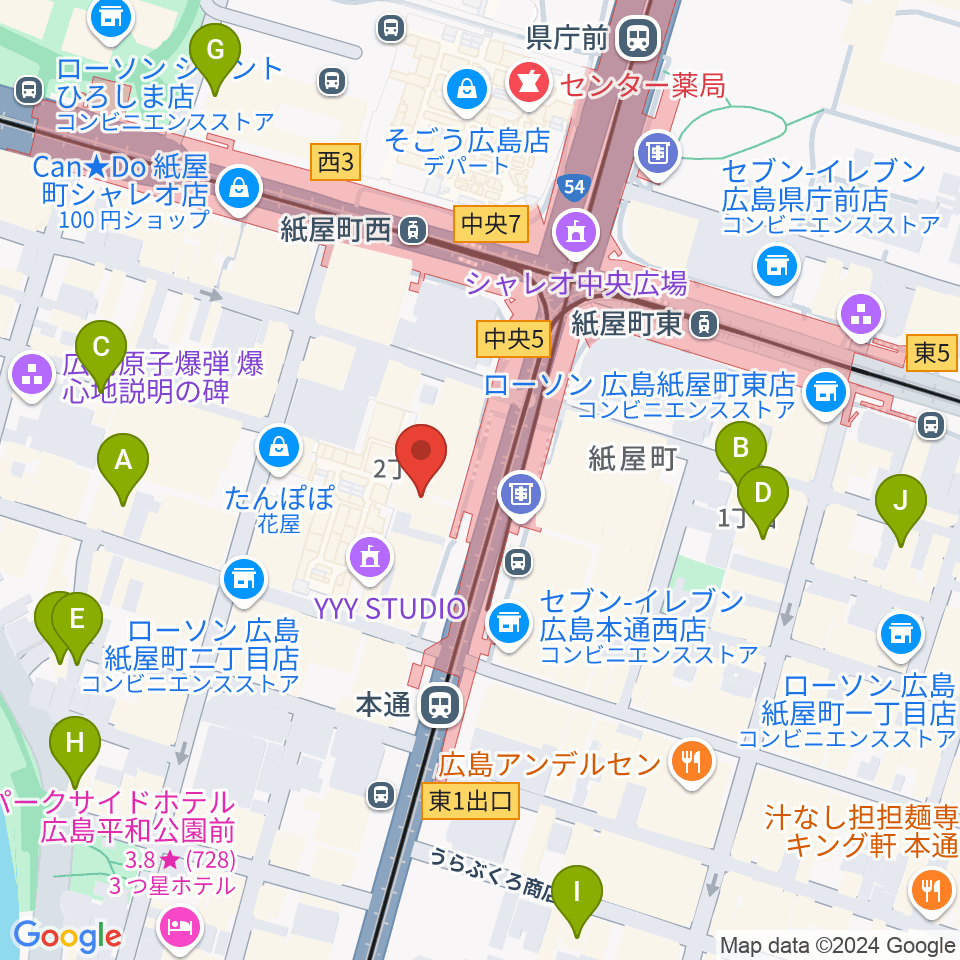 カワイ広島周辺のホテル一覧地図