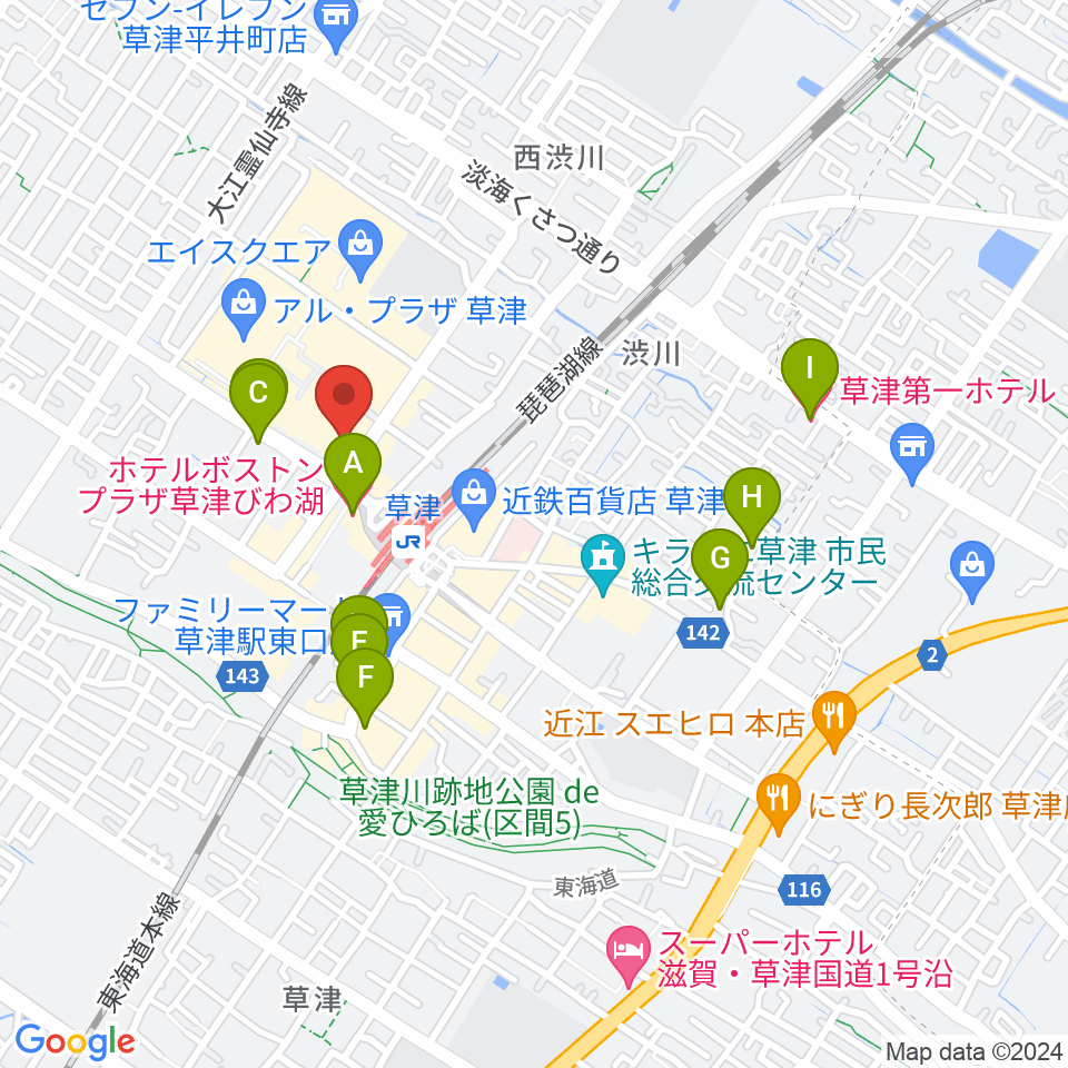 JEUGIA草津Aスクエア店周辺のホテル一覧地図