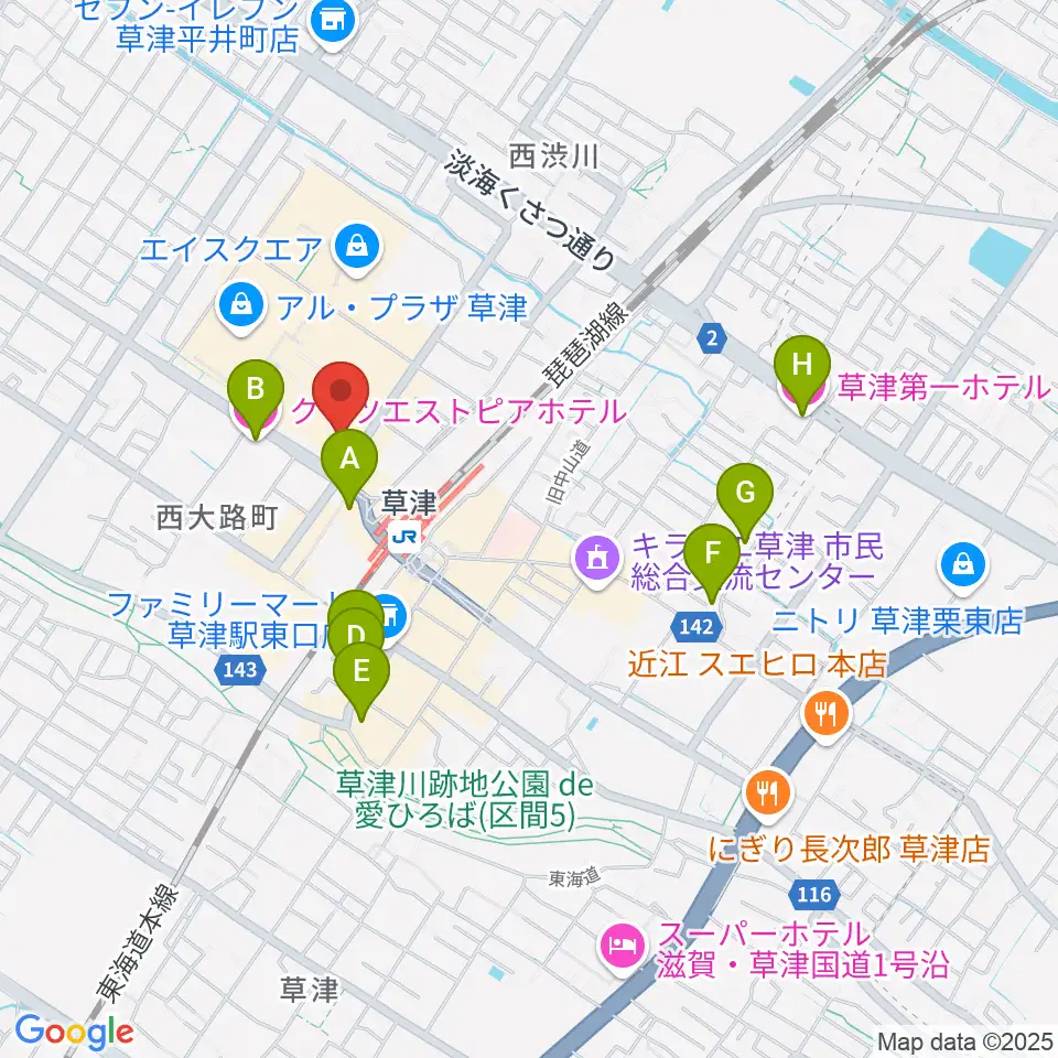 JEUGIA草津Aスクエア店周辺のホテル一覧地図