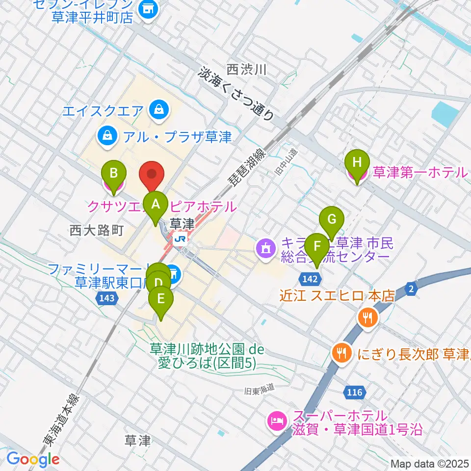 JEUGIA草津Aスクエア店周辺のホテル一覧地図