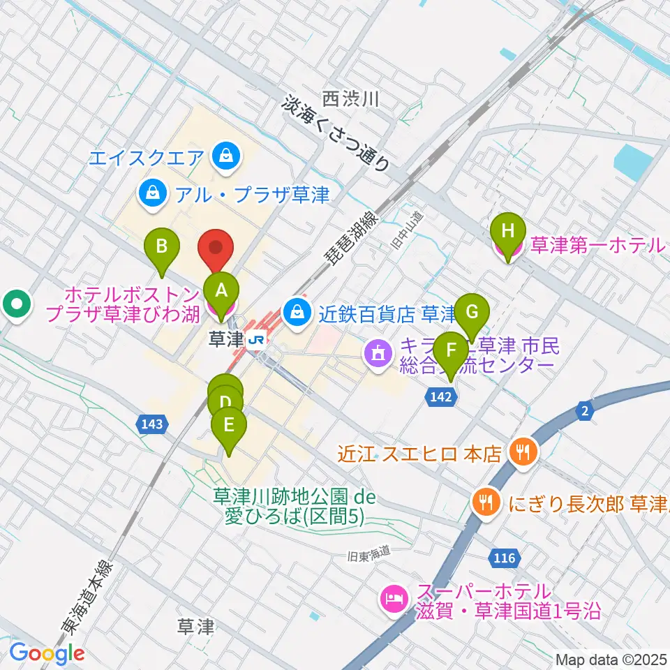 JEUGIA草津Aスクエア店周辺のホテル一覧地図