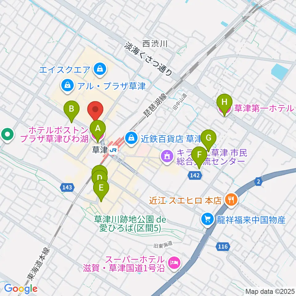 JEUGIA草津Aスクエア店周辺のホテル一覧地図