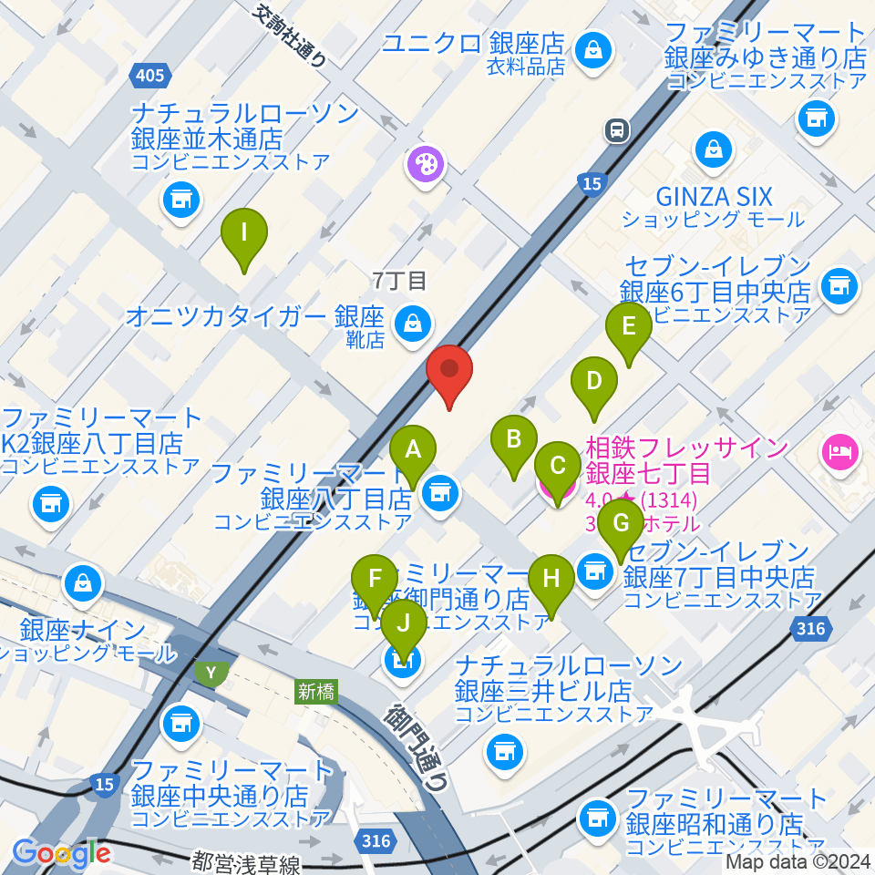 ヤマハ銀座店周辺のホテル一覧地図