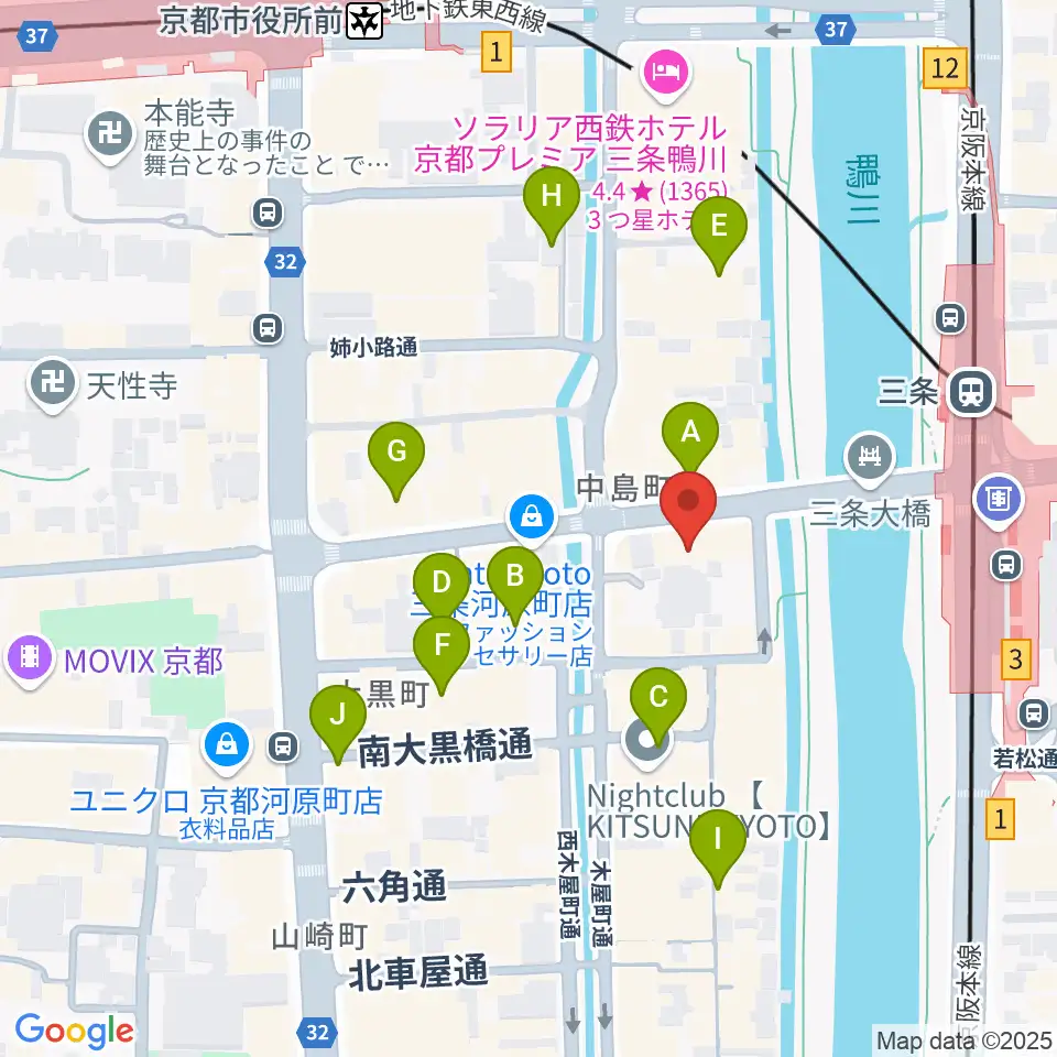 三条音楽院周辺のホテル一覧地図