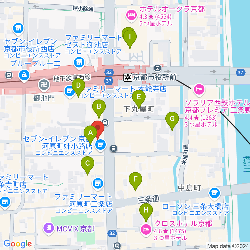 ロキシーミュージックスクール京都三条校周辺のホテル一覧地図