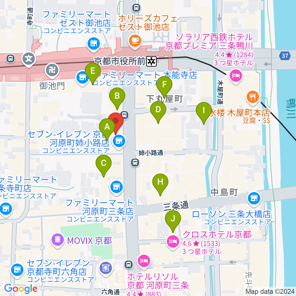 ロキシーミュージックスクール京都三条校周辺のホテル一覧地図