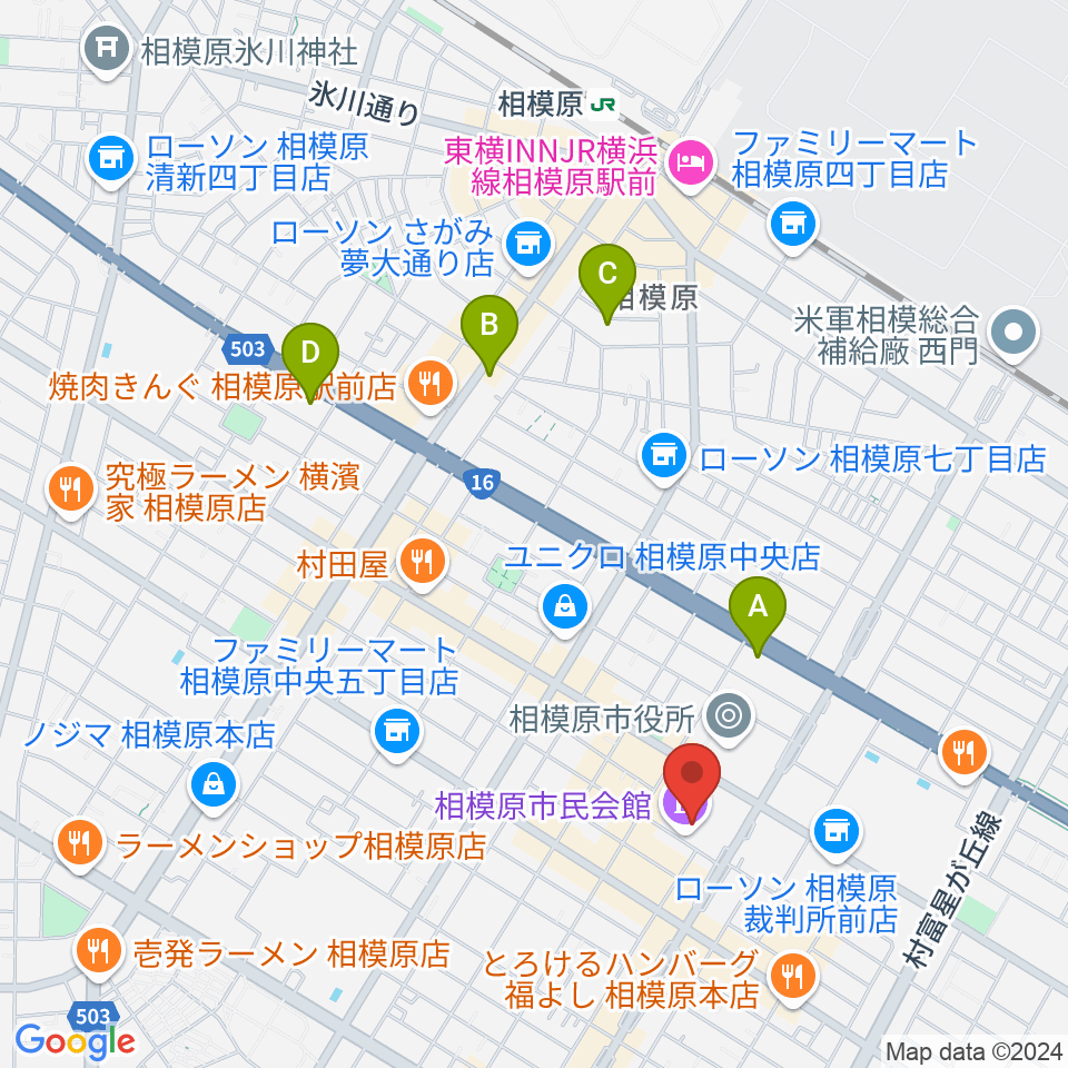 相模原市民会館周辺のホテル一覧地図