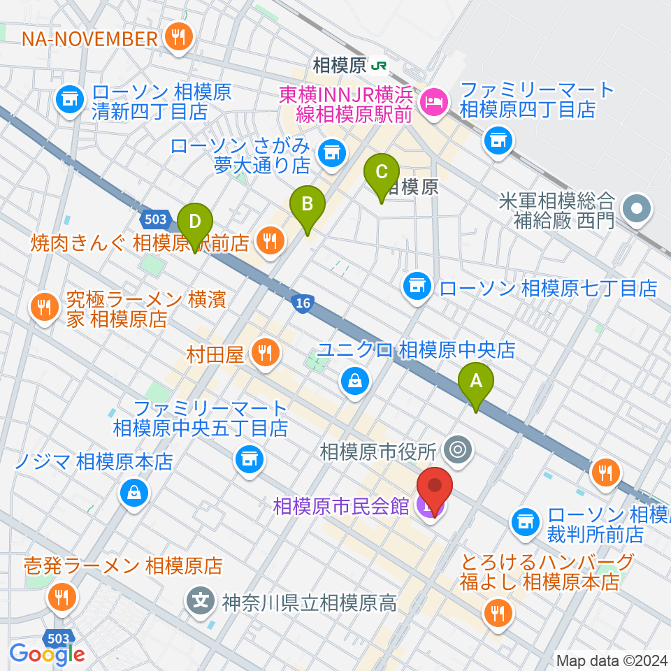 相模原市民会館周辺のホテル一覧地図