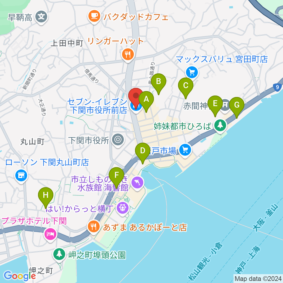 下関十字堂楽器店本店周辺のホテル一覧地図