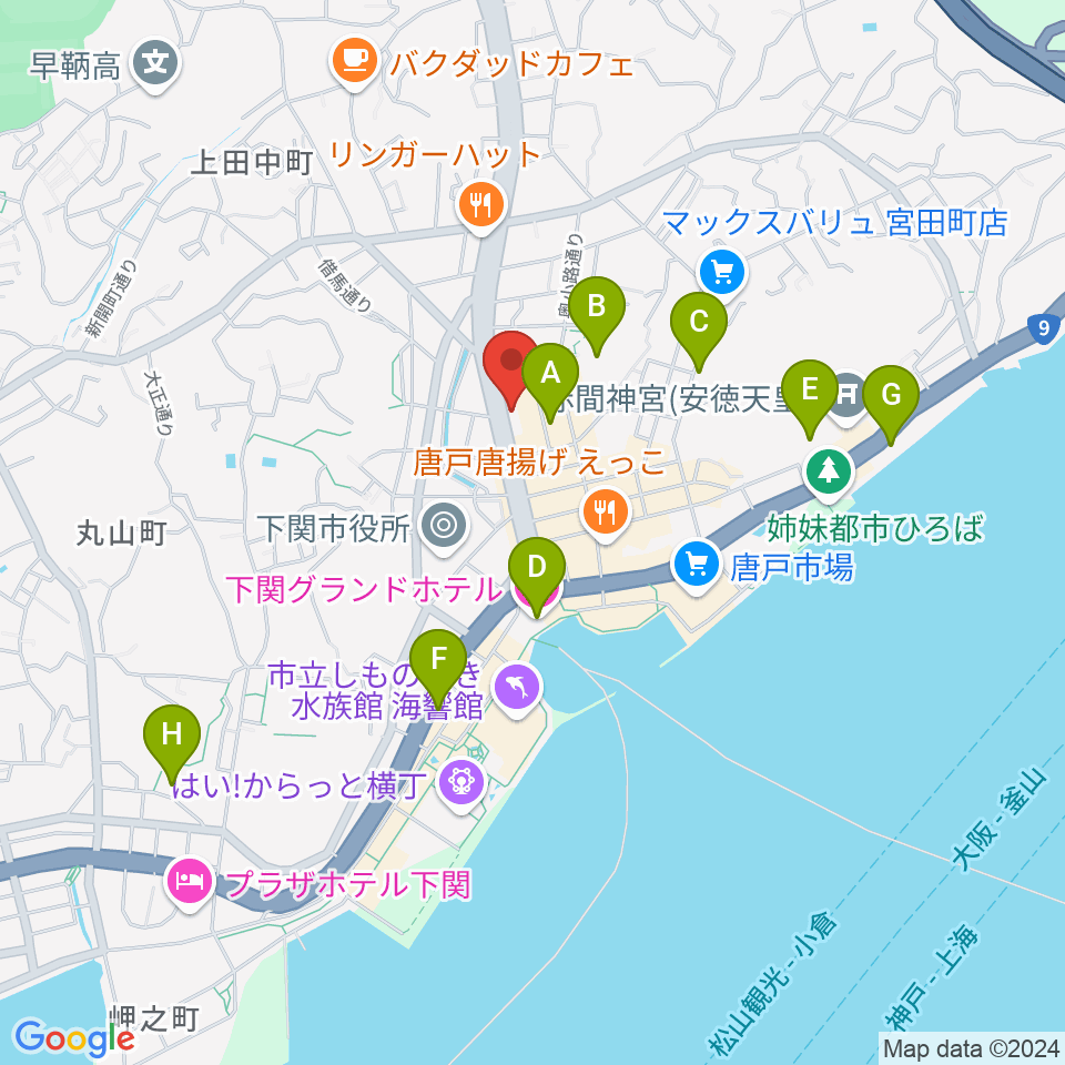 下関十字堂楽器店本店周辺のホテル一覧地図