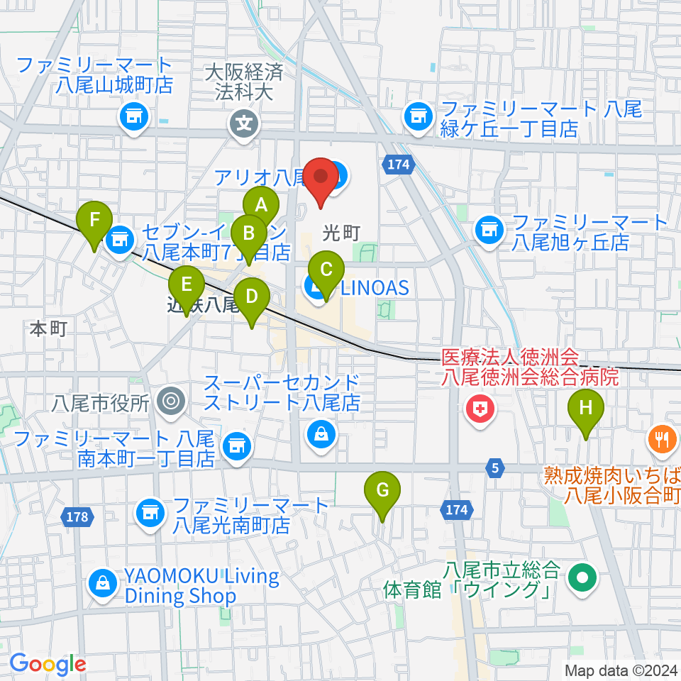 小阪楽器店 アリオ八尾店周辺のホテル一覧地図