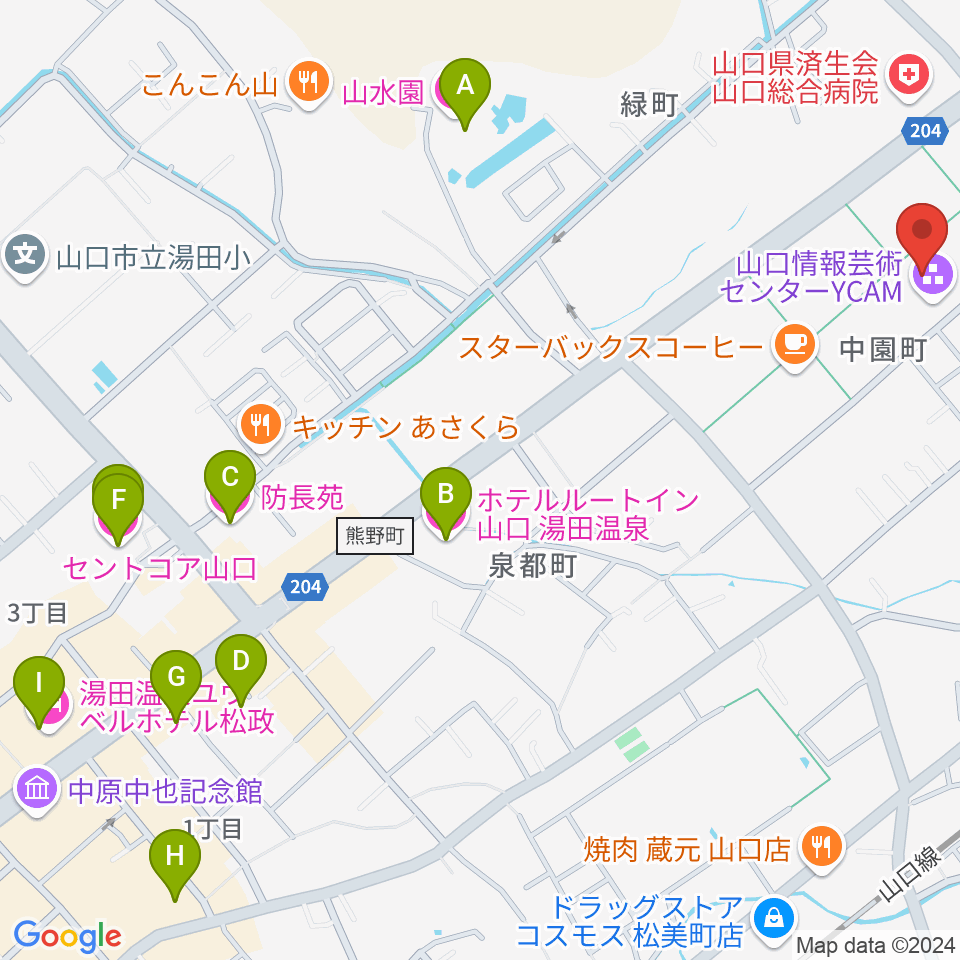 山口情報芸術センターYCAM周辺のホテル一覧地図