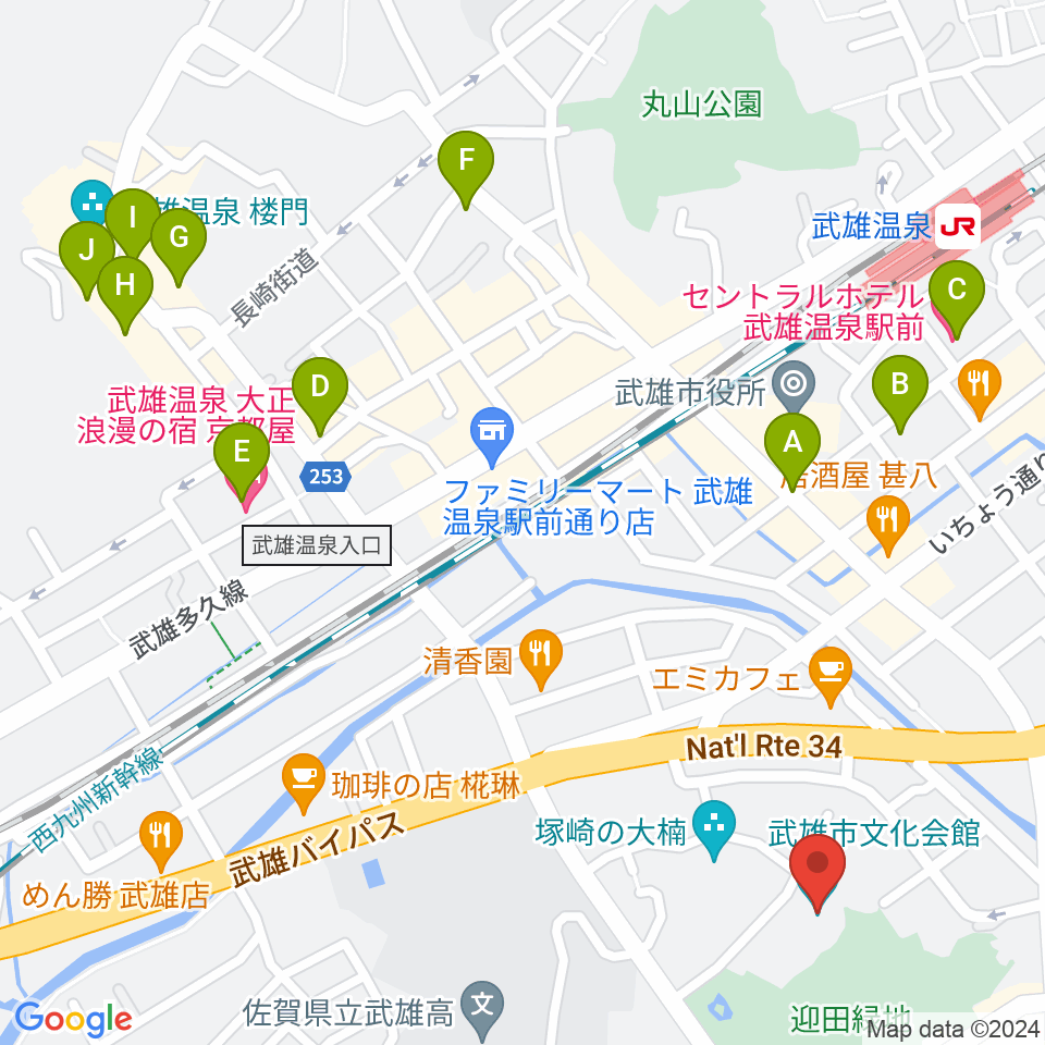 武雄市文化会館周辺のホテル一覧地図