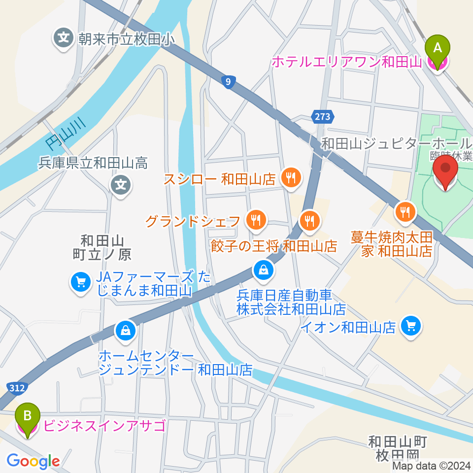 和田山ジュピターホール周辺のホテル一覧地図