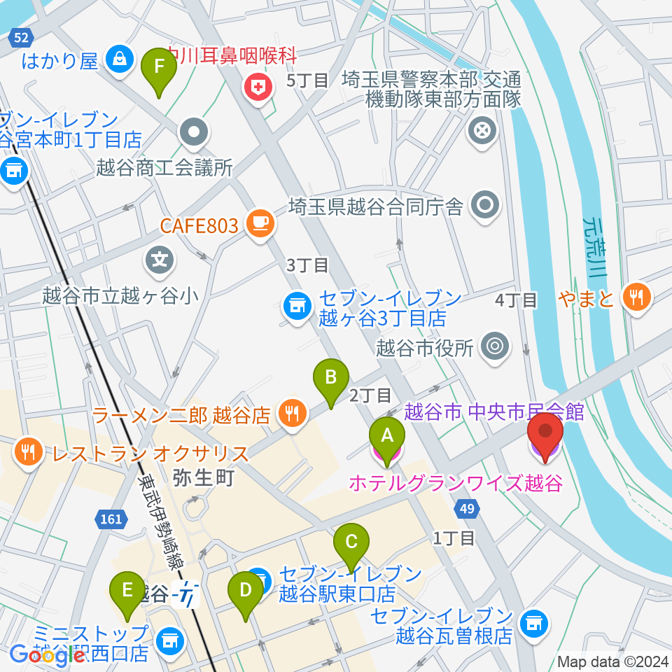 越谷市中央市民会館周辺のホテル一覧地図