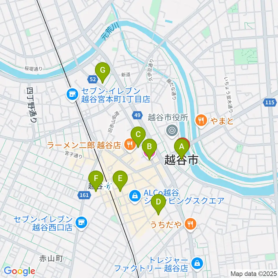 越谷市中央市民会館周辺のホテル一覧地図