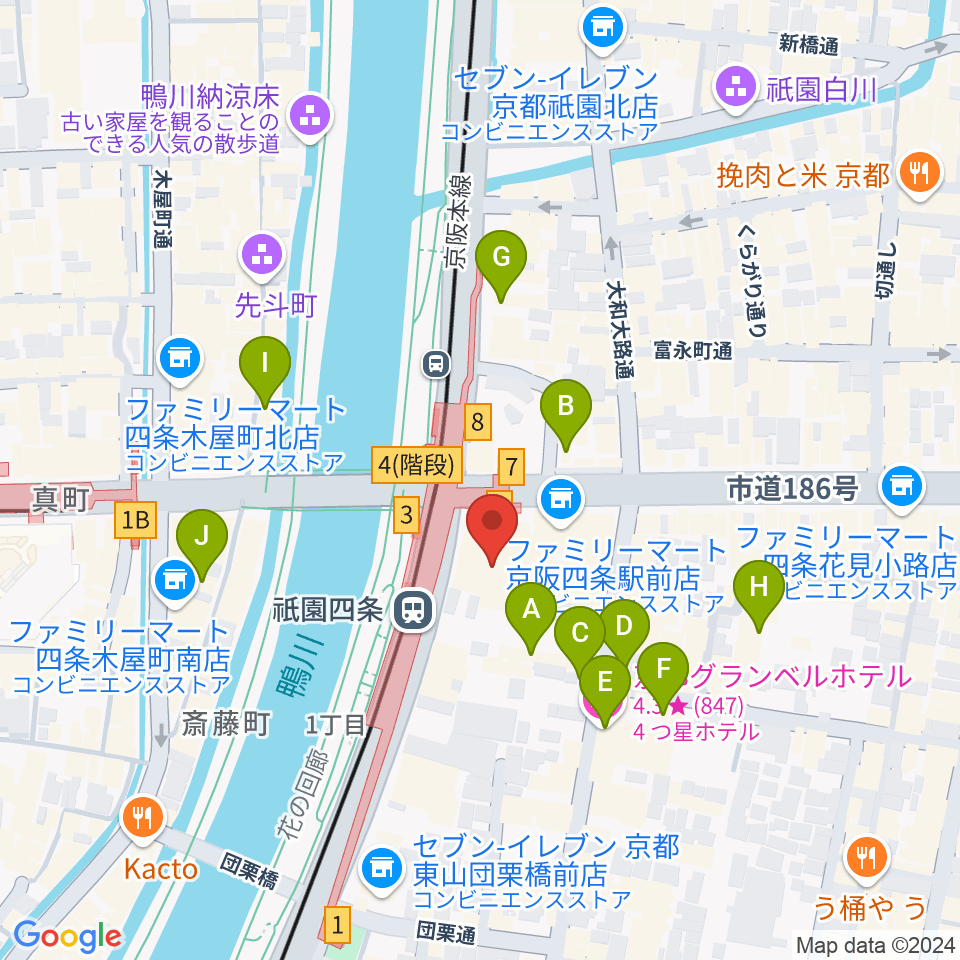 京都四條南座周辺のホテル一覧地図