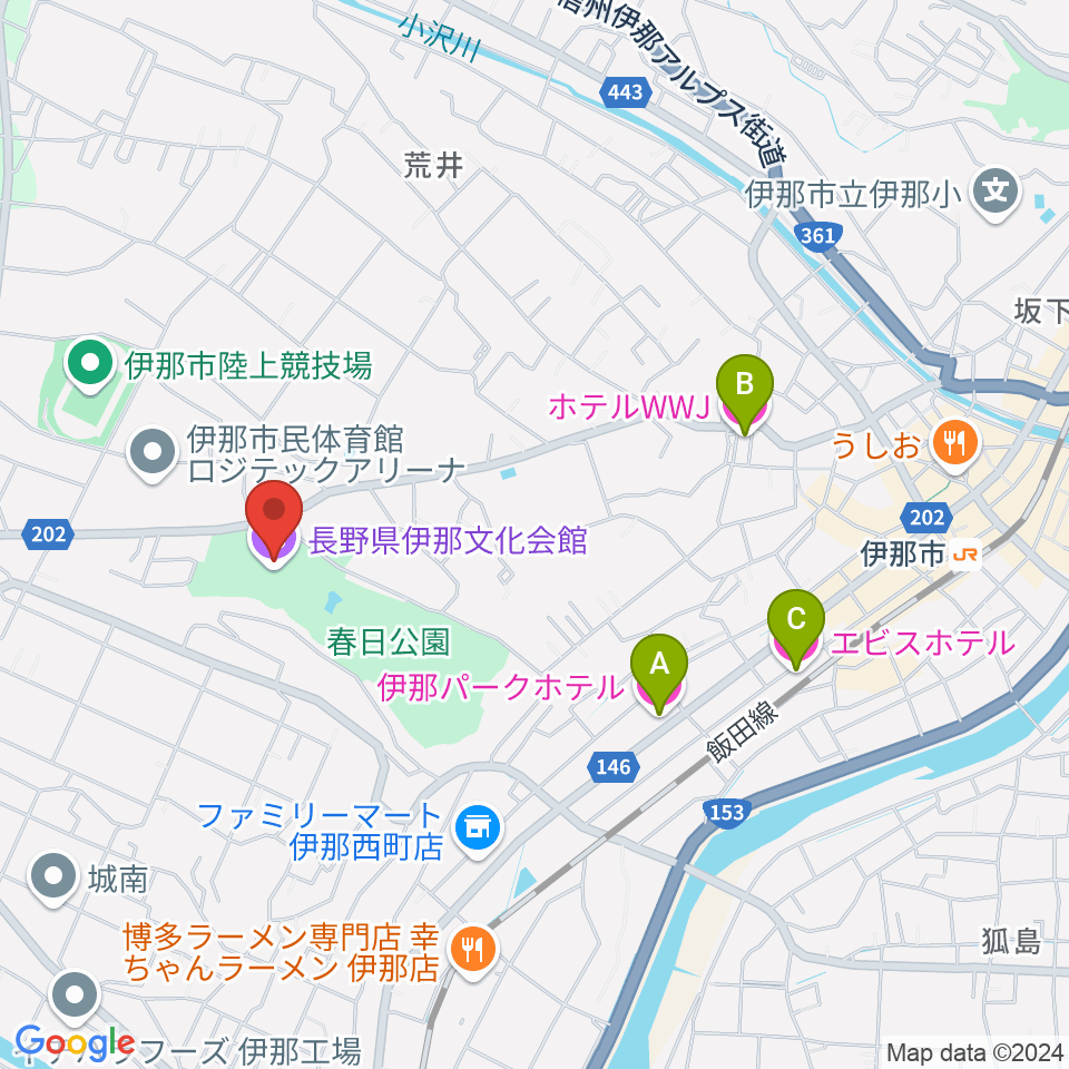 長野県伊那文化会館周辺のホテル一覧地図