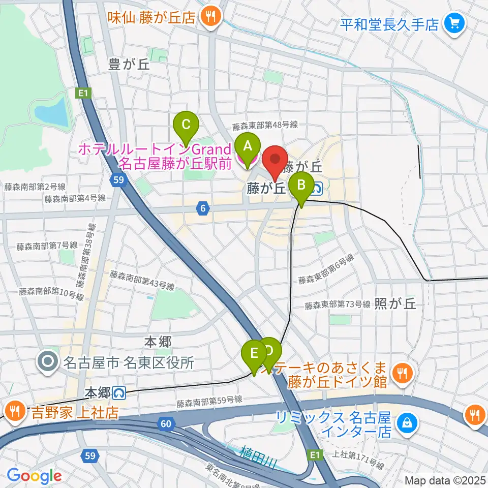 名古屋新堀ギター音楽院 藤ヶ丘教室周辺のホテル一覧地図
