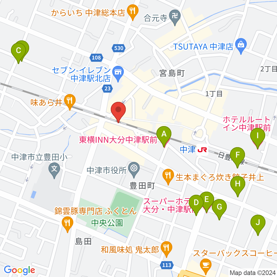 中津Aco-Place プレイヤー楽器店周辺のホテル一覧地図