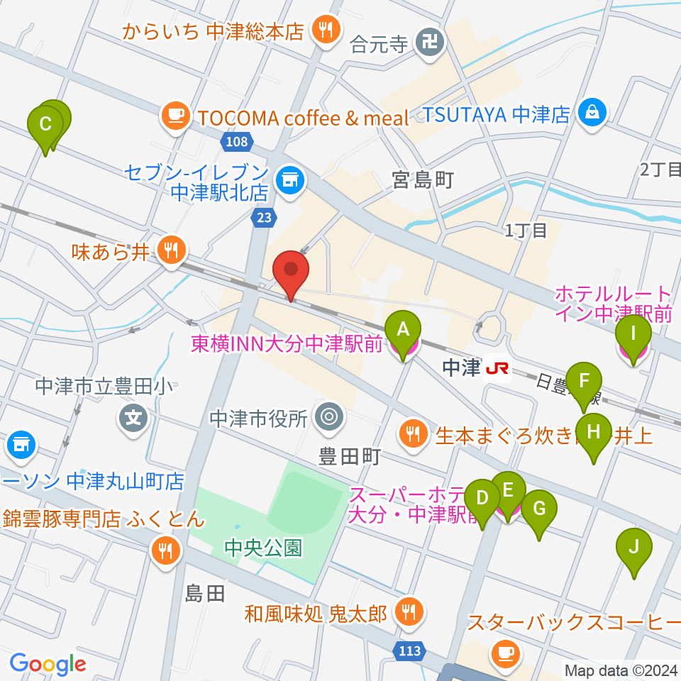 中津Aco-Place プレイヤー楽器店周辺のホテル一覧地図